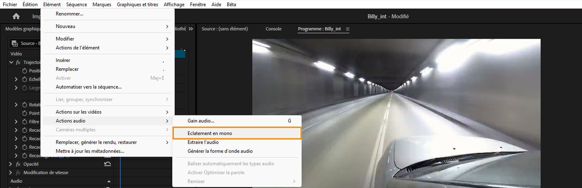Option Breakout to Mono mise en évidence sous le menu Clip > Audio Options dans Premiere Pro.