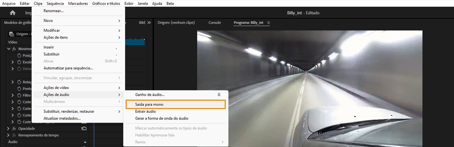 Opção de saída para mono realçada no menu “Clipe” > “Opções de áudio” no Premiere Pro.