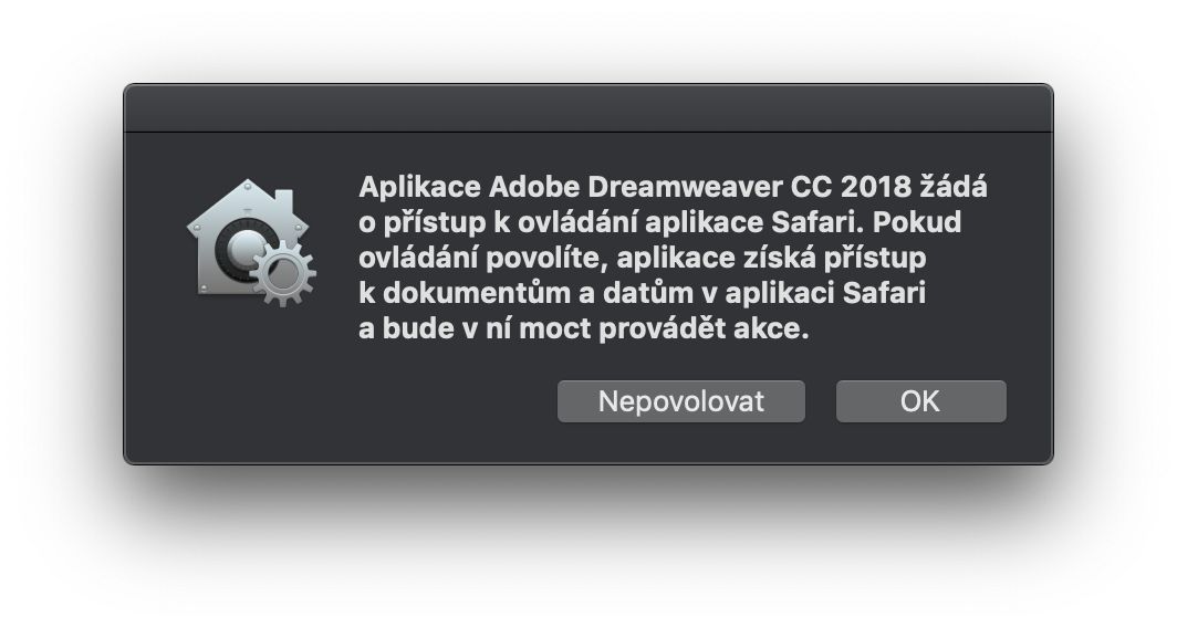 Dialogové okno řízení přístupu pro prohlížeč Safari