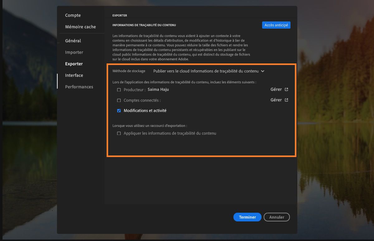 Paramètres Préférences dans Lightroom avec les options d’exportation sélectionnées.