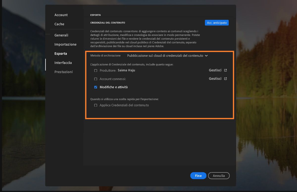 le preferenze di Lightroom con le opzioni di esportazione selezionate.