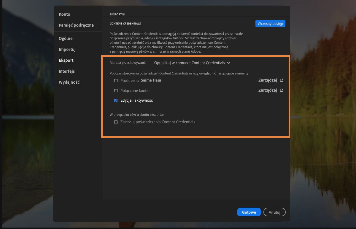 Ustawienia preferencji w programie Lightroom z wybranymi opcjami eksportu.