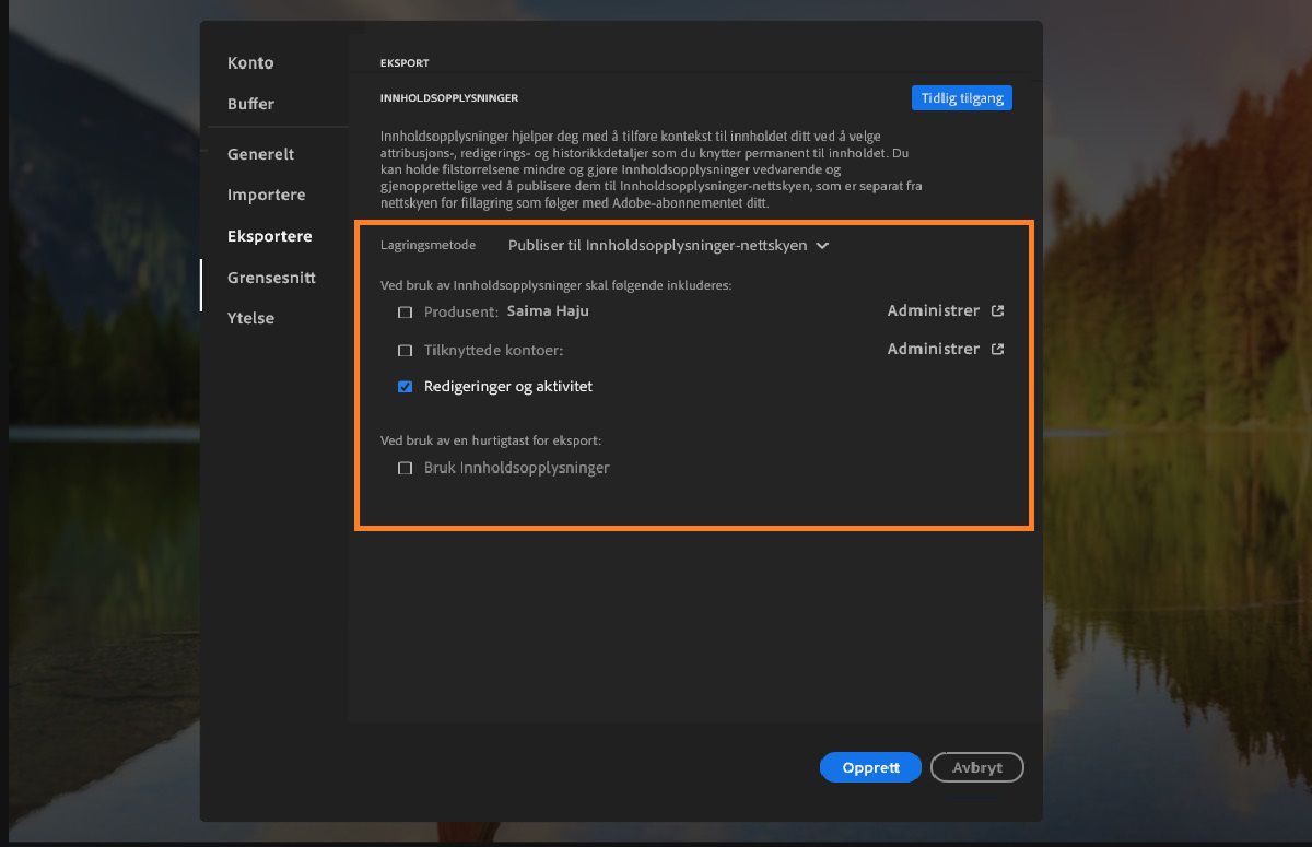 innstillingene i Lightroom med Eksportalternativer valgt.