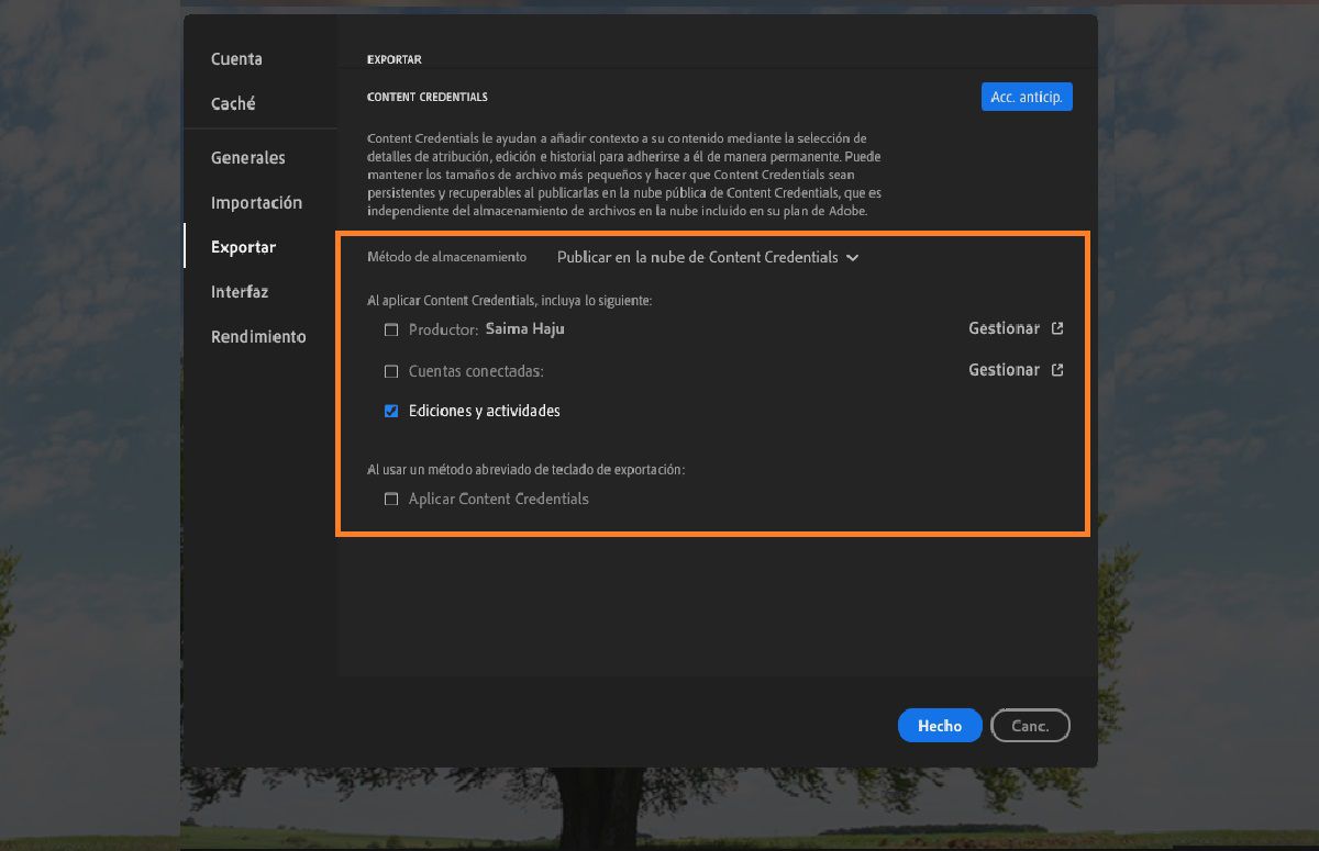 La configuración de preferencias en Lightroom con las opciones de Exportar seleccionadas.