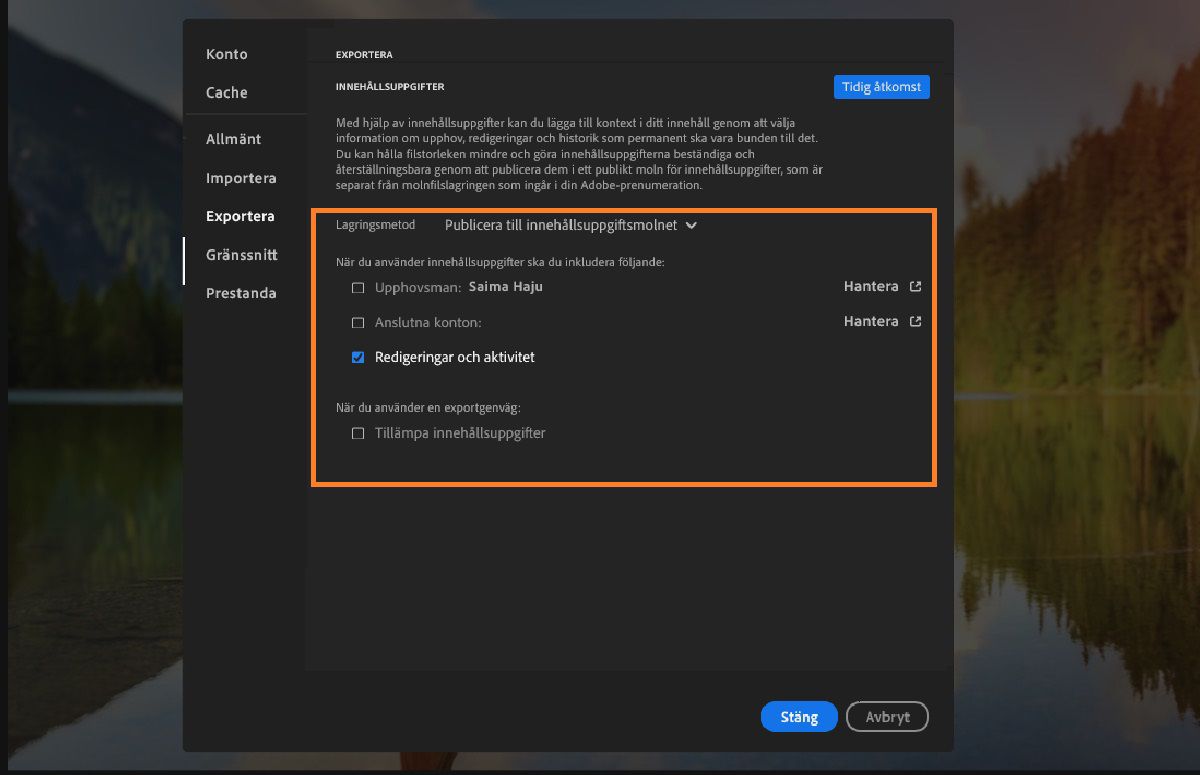 inställningarna i Lightroom med exportalternativen valda.
