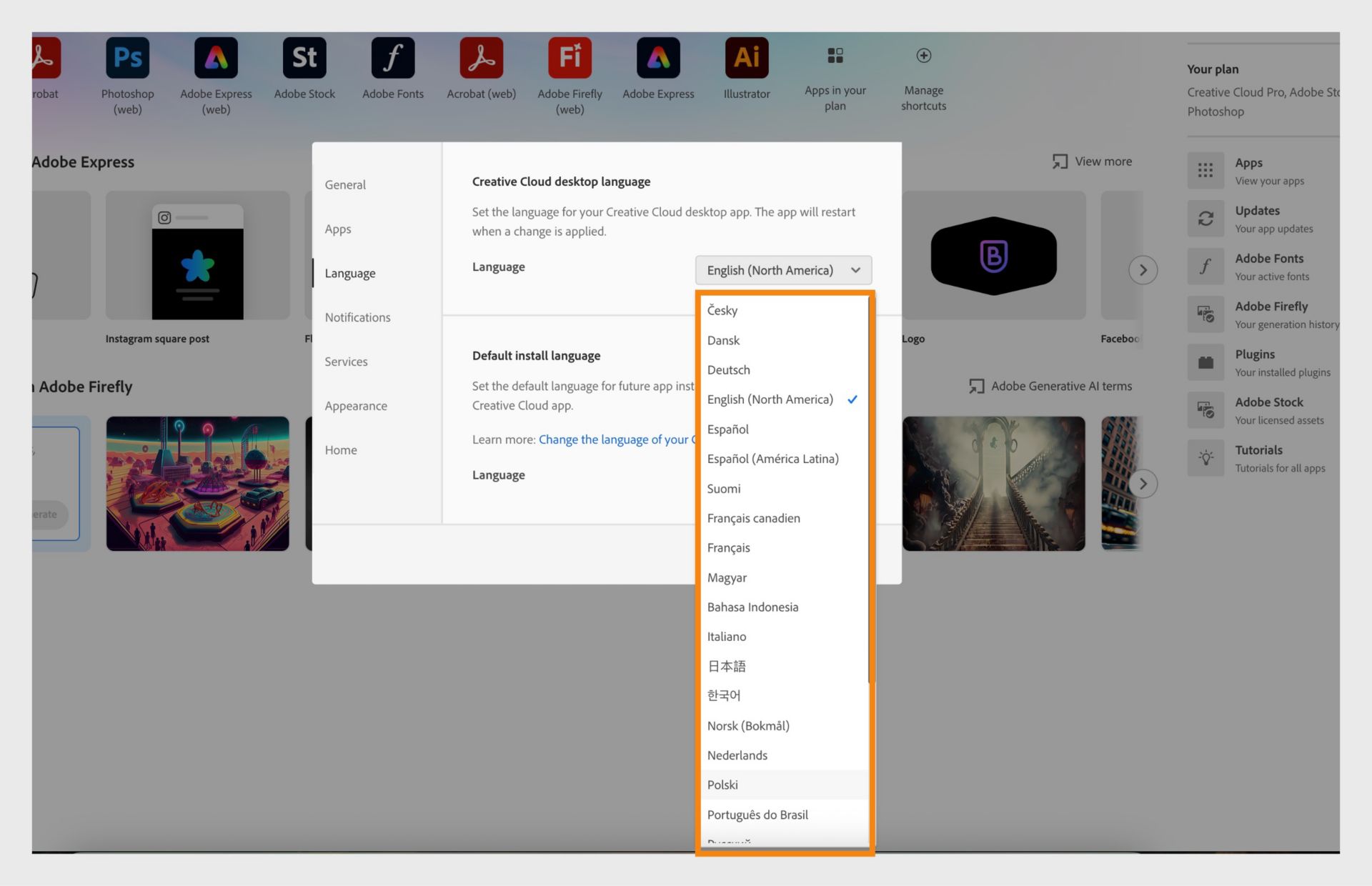 “偏好设置”窗口的“语言”选项卡显示选择 Creative Cloud 桌面语言和默认安装语言的选项。