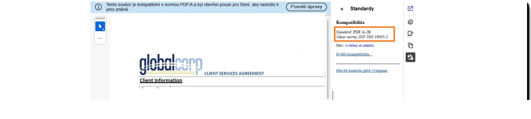 Podepsaná dohoda s bannerem s pečetí, která označuje soulad s PDF-A.