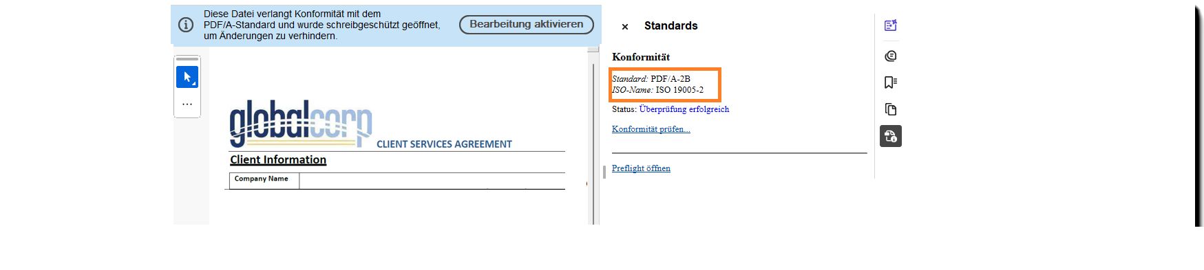 Eine signierte Vereinbarung mit dem Siegelbanner, das die PDF-A-Kompatibilität anzeigt.