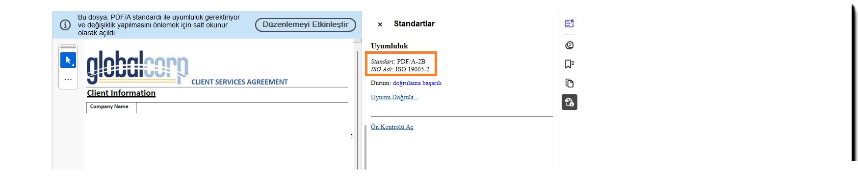 PDF-A uyumluluğuna işaret eden mühür banner'ı içeren imzalı bir sözleşme.