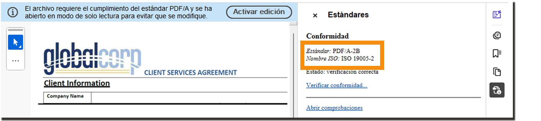 Un acuerdo firmado con el titular de sello que indica la conformidad con el PDF-A.