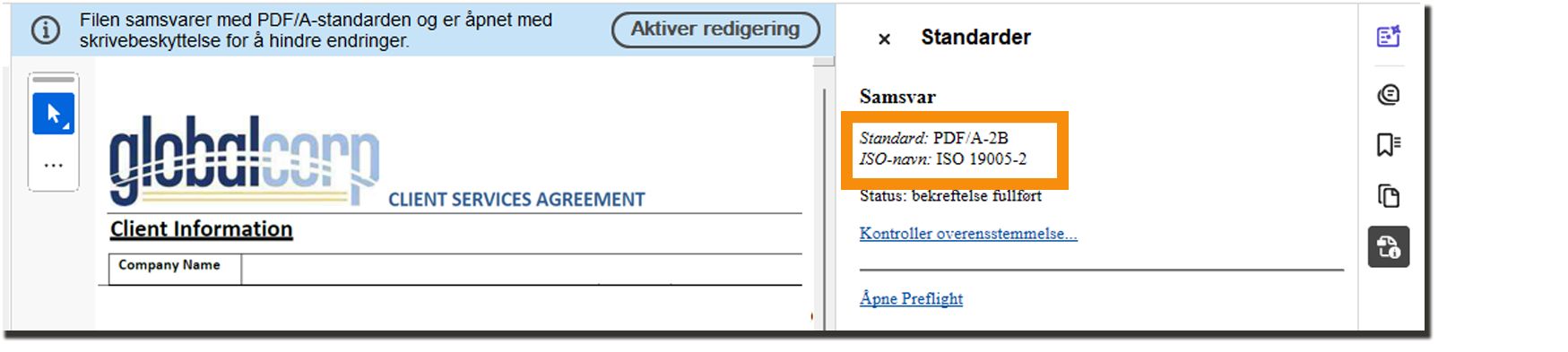 En signert avtale med forseglingsbanneret som angir PDF-A-kompatibilitet.