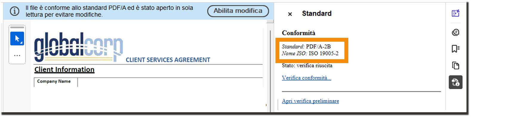Un accordo firmato con il banner del sigillo che indica la conformità del PDF-A.