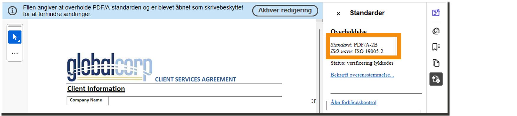 En underskrevet aftale med seglbanneret, der angiver PDF-A-overholdelse.