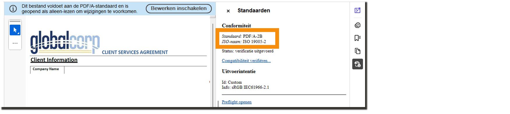 Een ondertekende overeenkomst met het zegelbanner dat aangeeft dat de PDF-A wordt nageleefd.