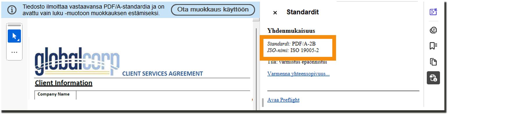 Allekirjoitettu sopimus, jossa on leiman banneri, joka ilmaisee PDF-A-vaatimustenmukaisuuden.
