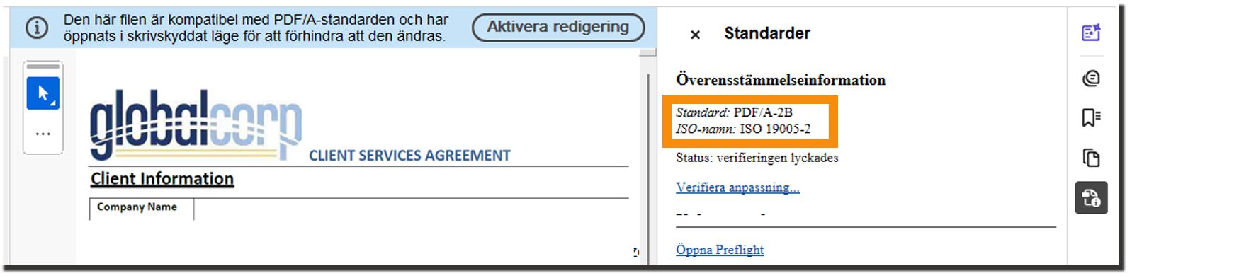 Ett signerat avtal med banderoll som anger PDF-A-kompatibilitet.