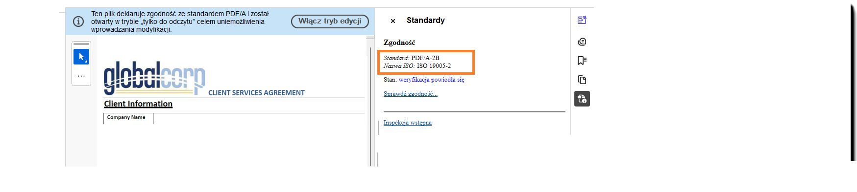 Podpisana umowa z banerem pieczęci wskazującym zgodność z normami PDF-A.