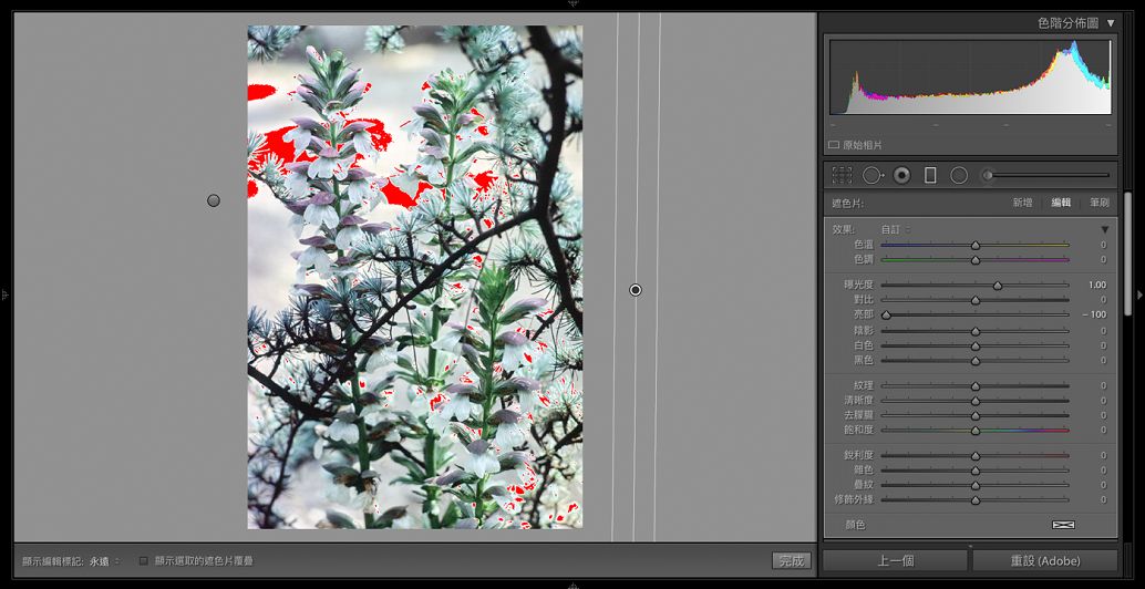 套用至色彩遮色片的局部調整。