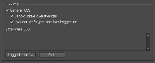 CSS-valg i dialogboksen EPUB-eksportvalg