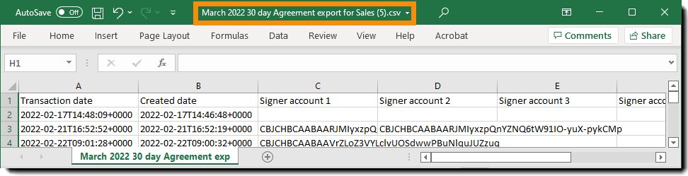 Un file CSV di esempio con il nome file evidenziato