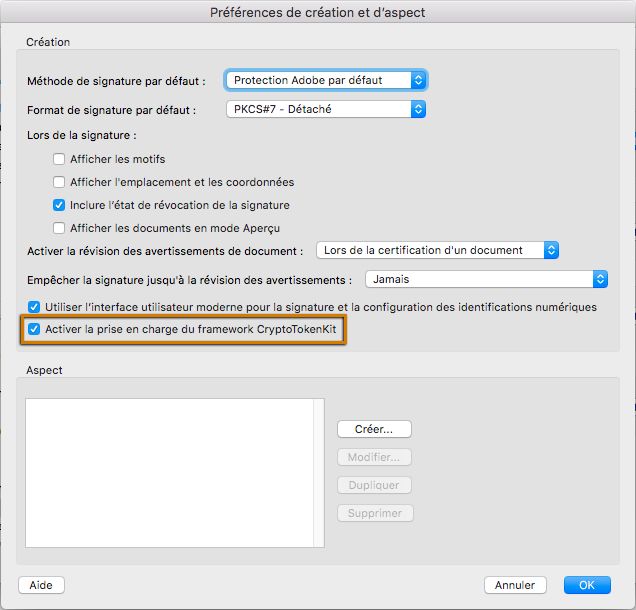 Activer la prise en charge du framework CryptoTokenKit 