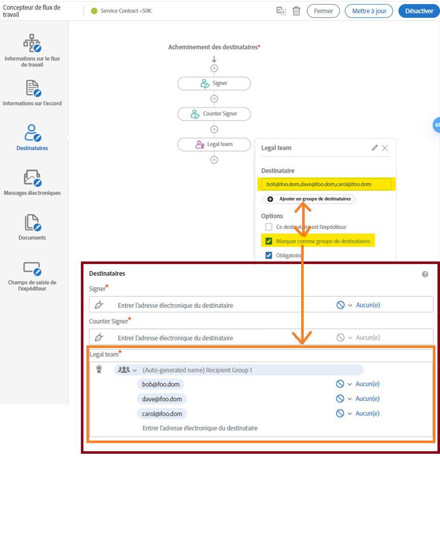 Concepteur de workflows avec l’option Marquer comme groupe de destinataires sélectionnée et page Envoyer résultante avec les membres du groupe de destinataires répertoriés