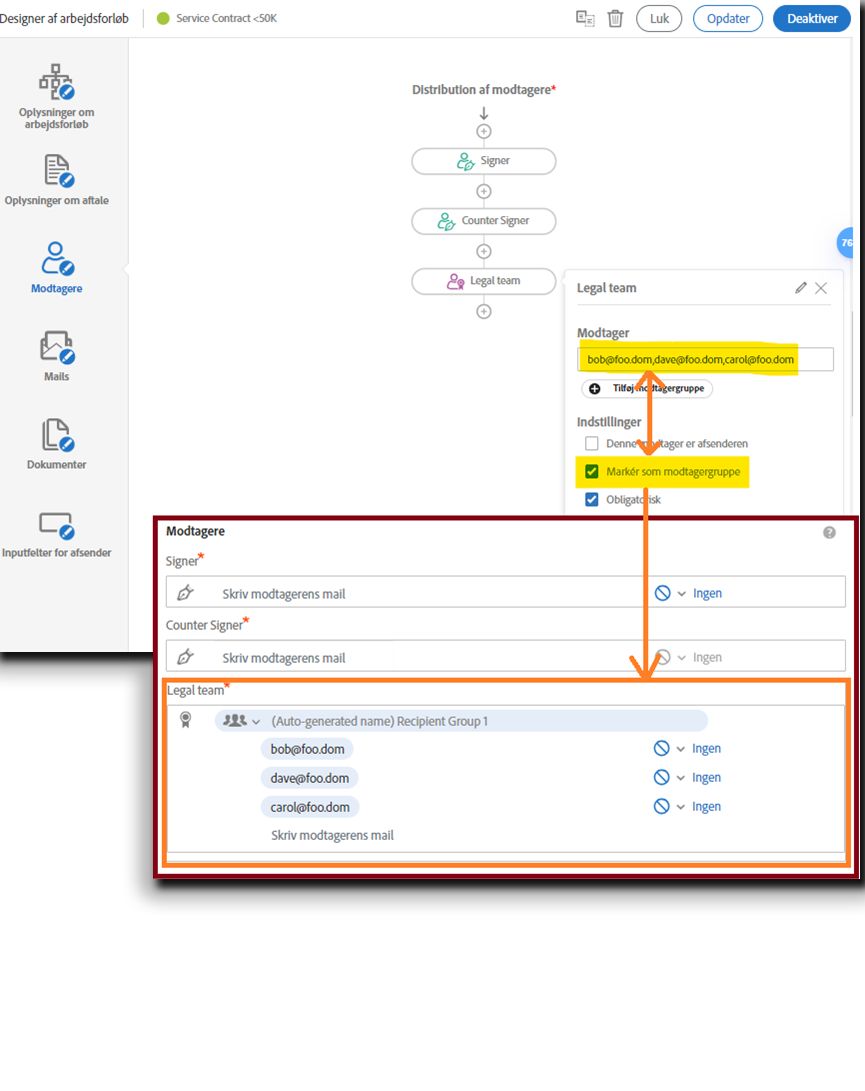 Workflowdesigneren med Markér som modtagergruppe valgt og den resulterende Send-side med modtagergruppemedlemmerne vist