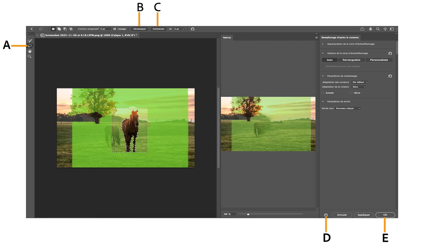 Copie d’écran avec légendes des paramètres du Remplissage d’après le contenu dans l’espace de travail Photoshop.