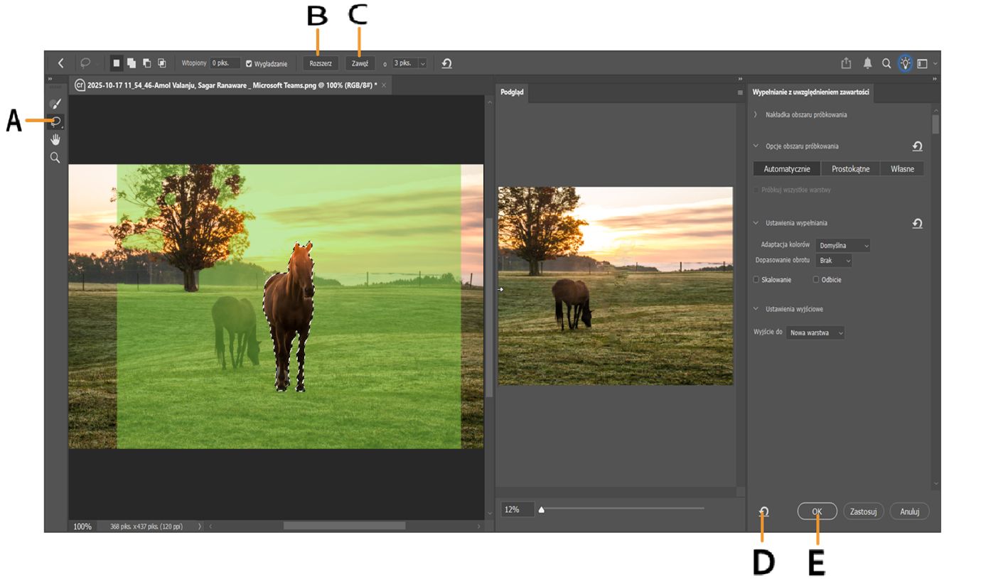 Zrzut ekranu przestrzeni roboczej photoshop z ustawieniami Uwzględniania zawartości.