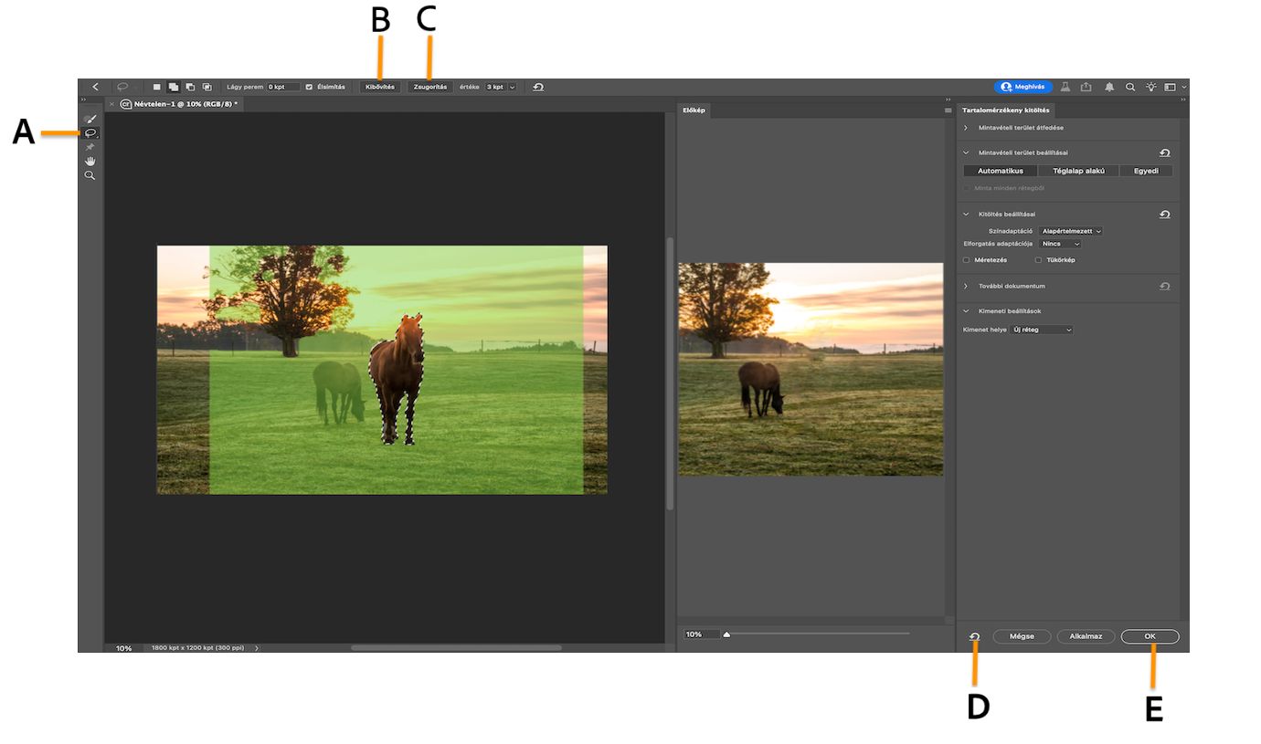 Képernyőfelvétel a Photoshop munkaterületéről a Tartalomérzékeny kitöltés beállításaival