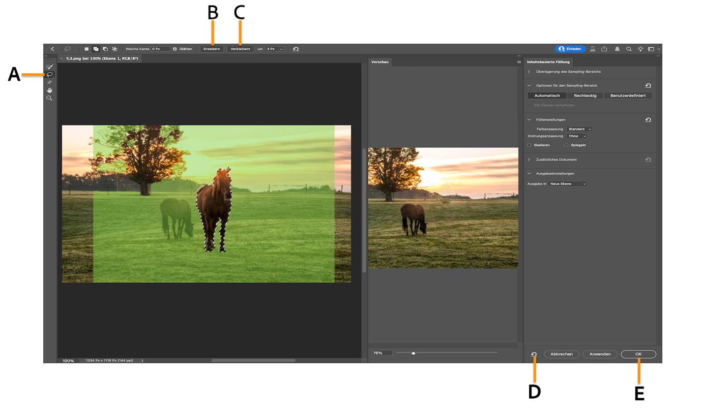 Screenshot des Photoshop-Arbeitsbereichs mit den Einstellungen für „Inhaltsbasierte Füllung&quot;.