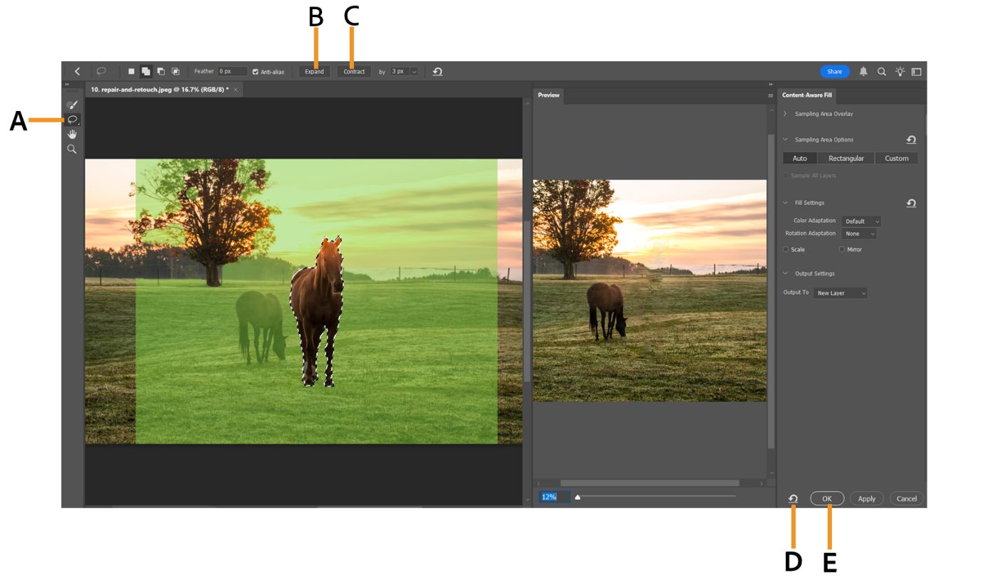 צילום מסך לזימון של סביבת עבודה של Photoshop עם הגדרות Content-Aware Fill.