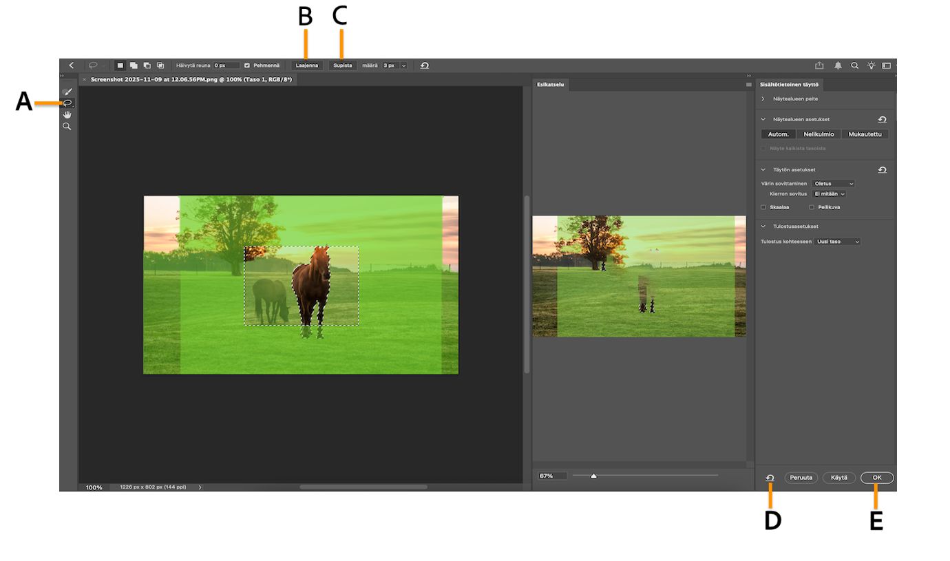 Tunnistein merkitty näyttökuva Photoshopin työtilan Sisältötietoinen täyttö -asetuksista.