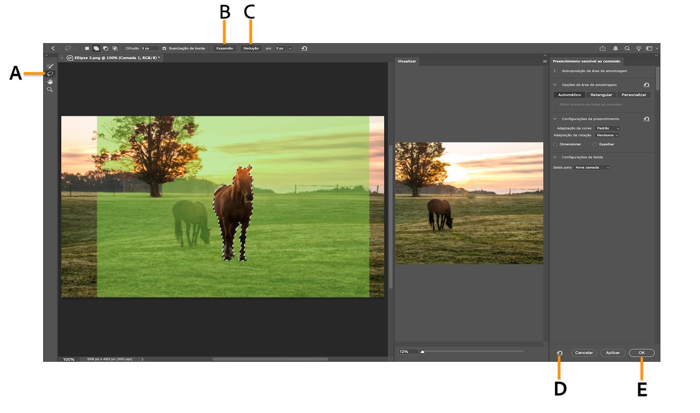 Captura de tela destacando o espaço de trabalho do Photoshop com as configurações de Preenchimento sensível ao conteúdo.