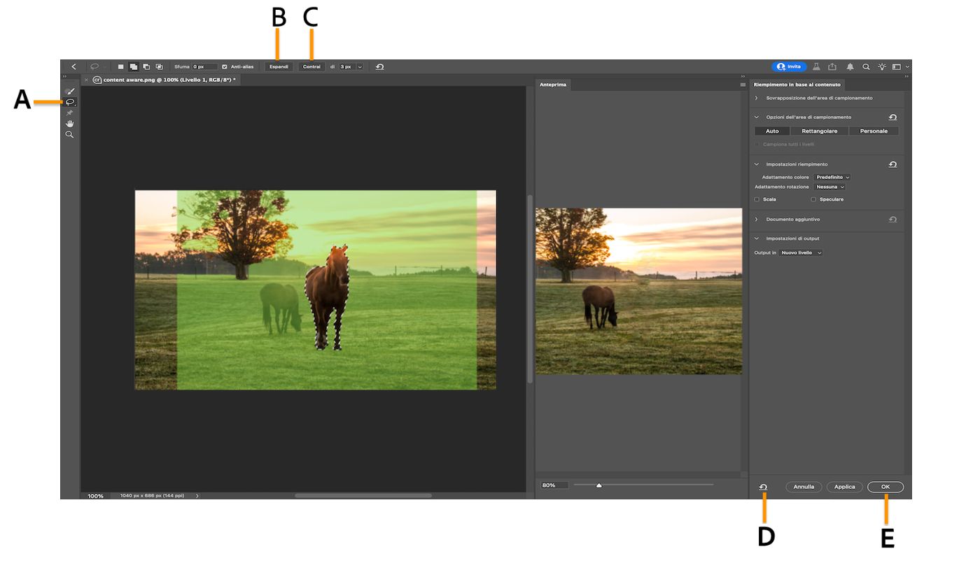 Schermata dell'area di lavoro di Photoshop delle impostazioni del riempimento In base al contenuto.