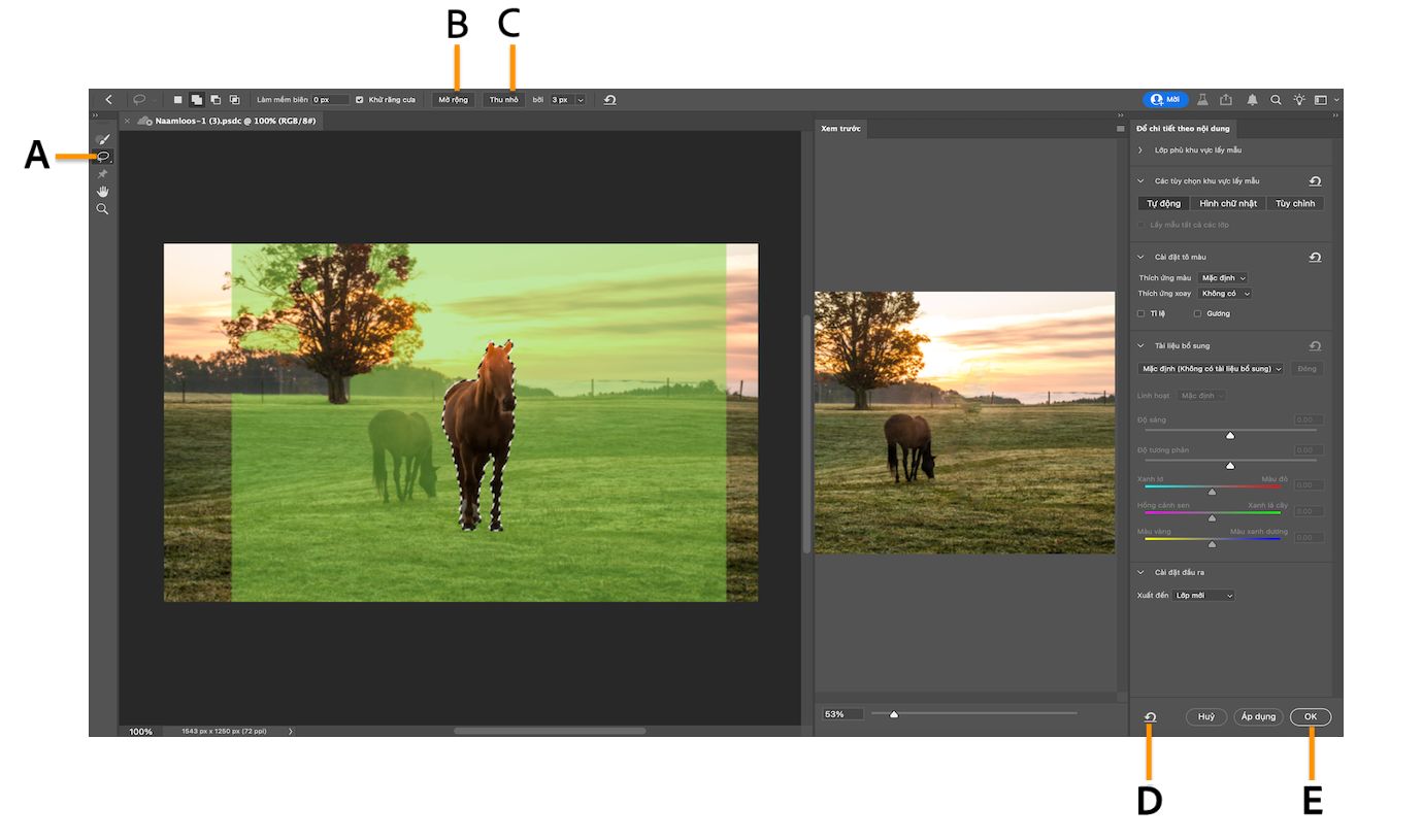 Chú thích ảnh chụp màn hình không gian làm việc của cài đặt Đổ chi tiết theo nội dung trong Photoshop.