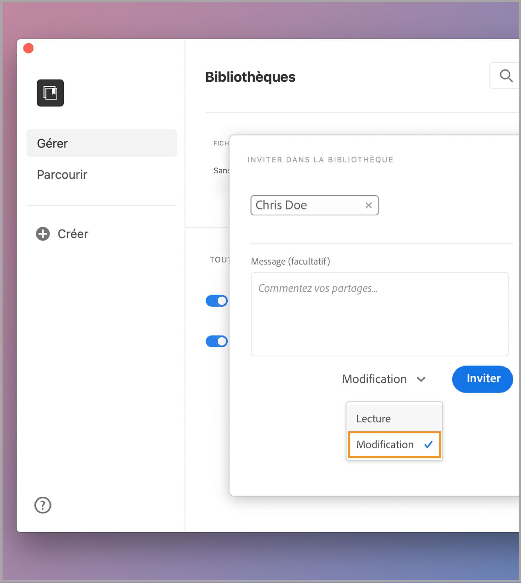 Accès en modification à la bibliothèque