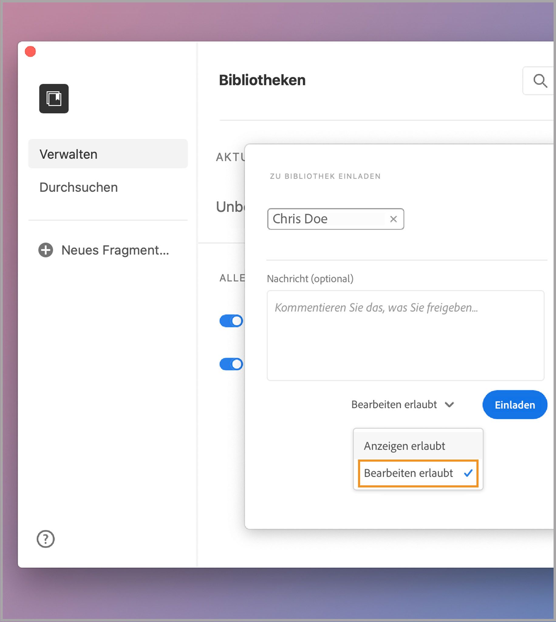 Bearbeitungszugriff für die Bibliothek