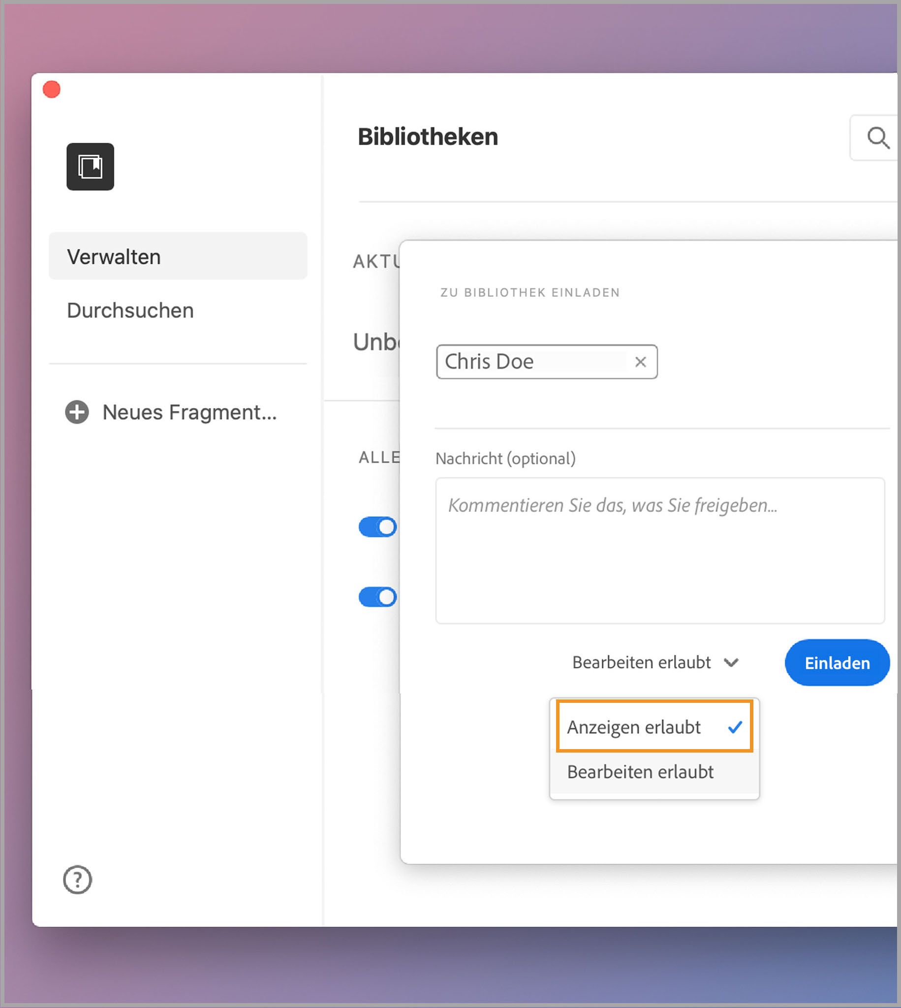 Ansichtszugriff für die Bibliothek