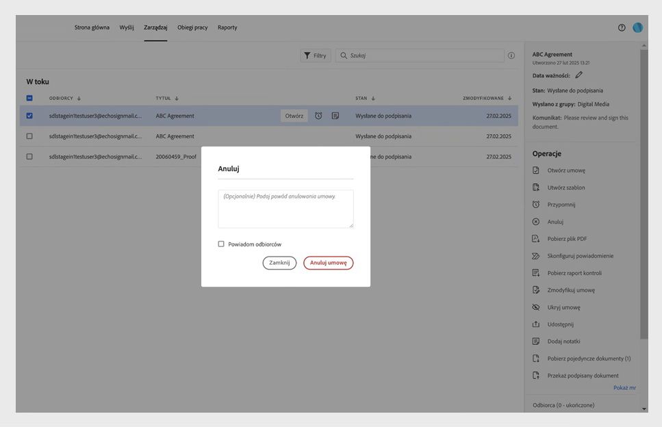 Okno dialogowe anulowania zawiera opcje podania powodu anulowania, powiadomienia odbiorców oraz przycisk „Anuluj umowę”. 