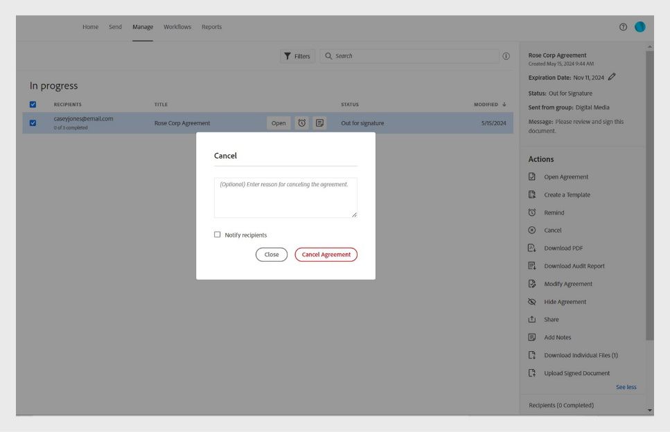Nagpapakita ang Cancel dialog ng mga opsyon para magbigay ng dahilan para sa pagkansela, abisuhan ang mga tatanggap, at isang 'Cancel agreement' button. 