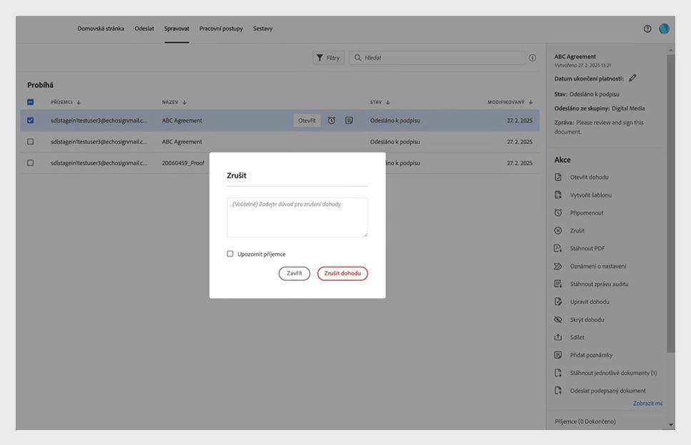 Dialogové okno Zrušit zobrazuje možnosti, které poskytují důvod zrušení, upozorní příjemce a tlačítko „Zrušit dohodu“. 