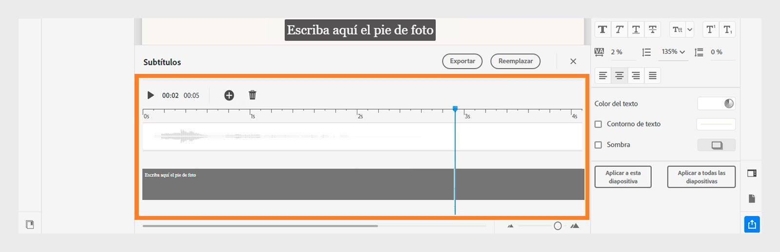 Subtítulos importados para el audio de una diapositiva