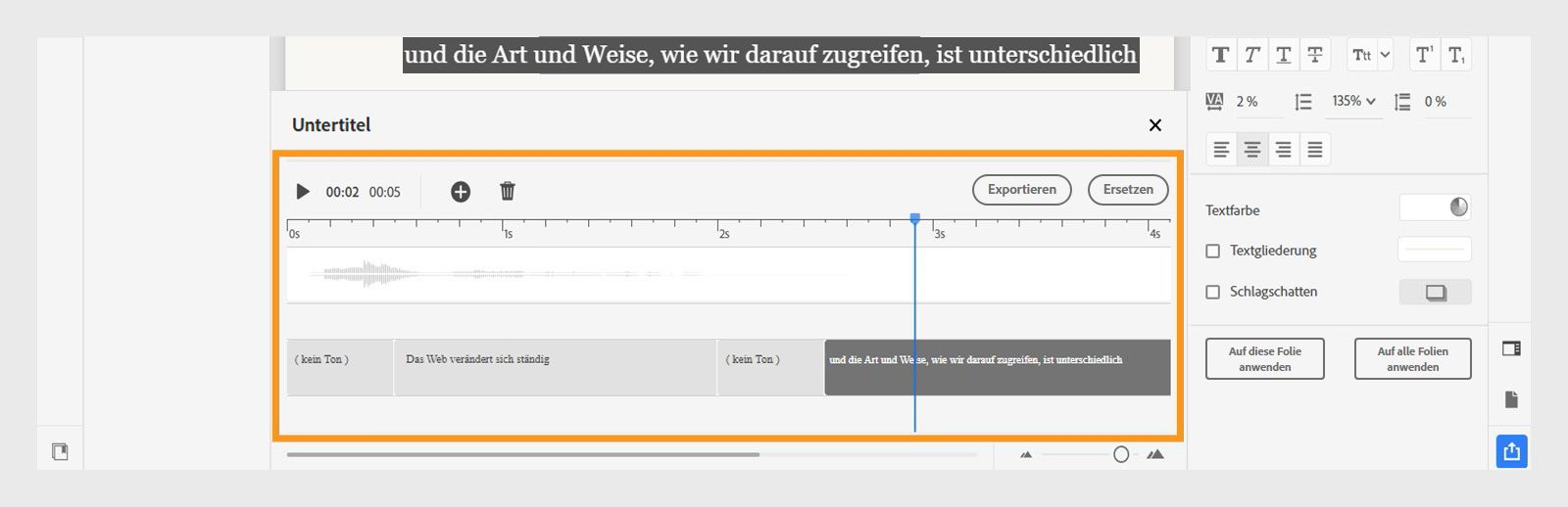 Importierte Untertitel für ein Folienaudio