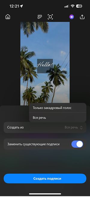 Открытое окно «Субтитры» с вариантами создания субтитров из «Только закадровый голос» или «Вся речь» и переключателем для замены существующих субтитров, а также кнопкой «Создать субтитры» внизу.