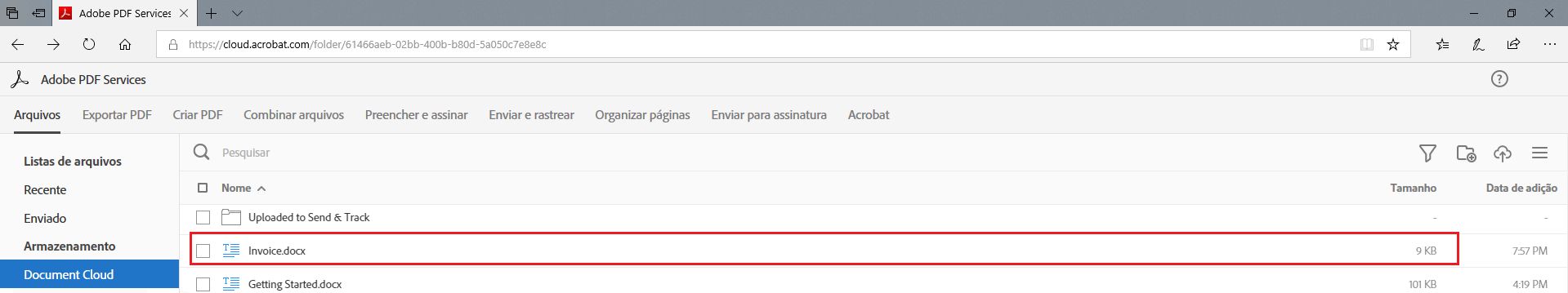 Lista de arquivos da Document Cloud