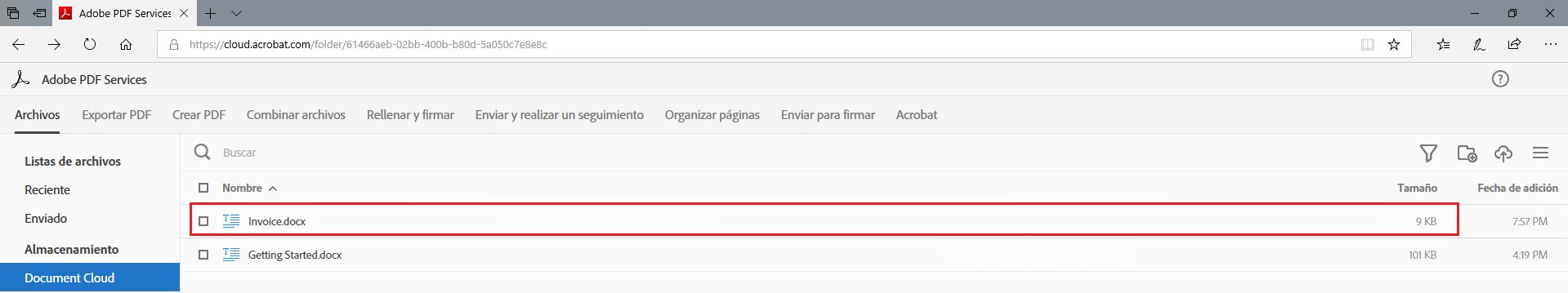 Lista de archivos de Document Cloud