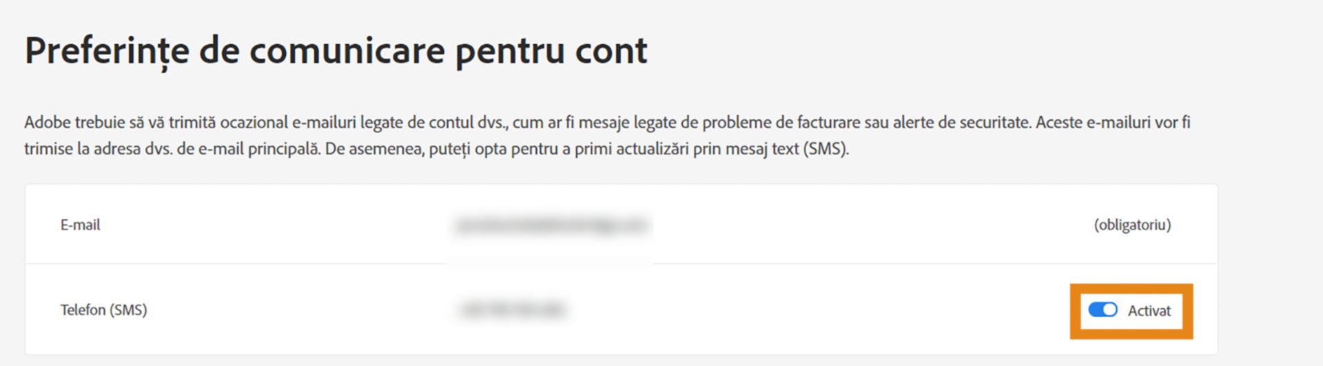 Casetă de selectare Dezactivați notificările pe telefonul mobil