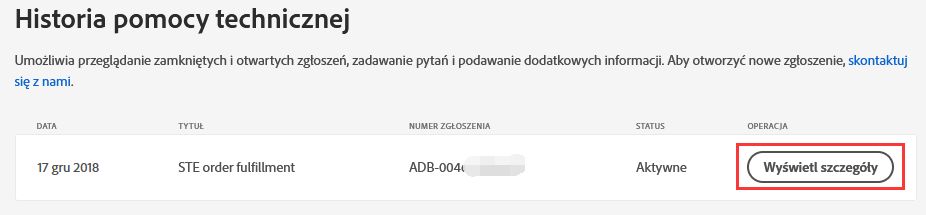 Wyświetl szczegóły w Historii pomocy technicznej