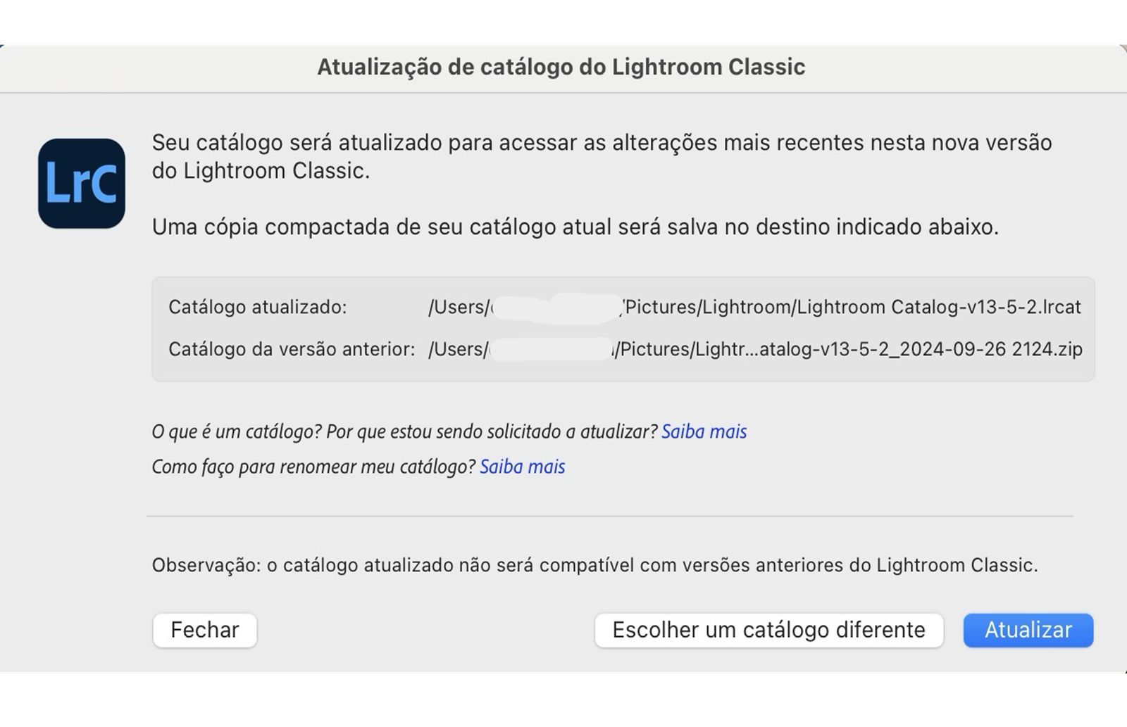 Clique em Atualizar para abrir e usar o catálogo.